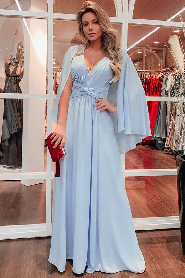 Unique Sky Blue Beaded V-neck Soft Pleats Long Evening Gowns with Shawl-showprettydress