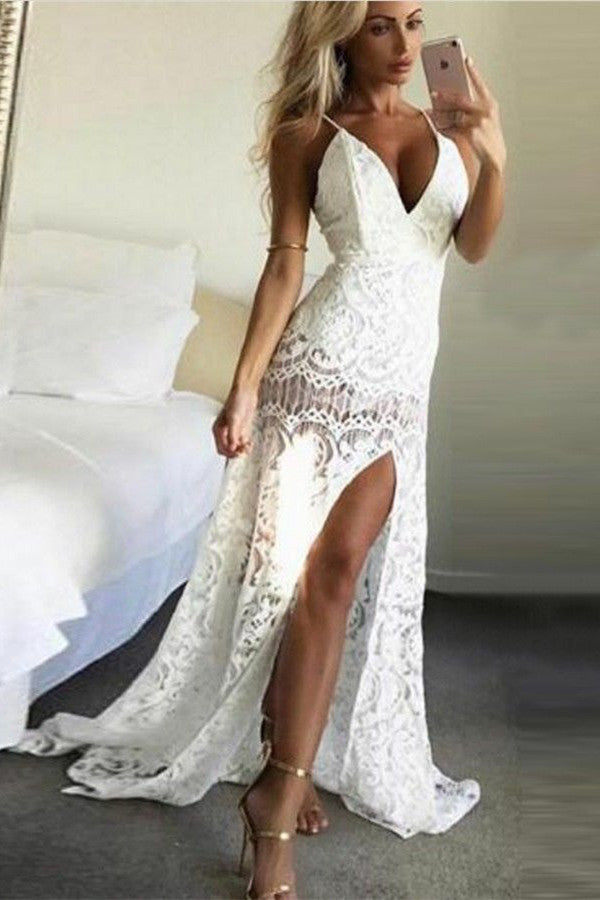 Unique Spaghetti Straps Appliques Sleeveless V-Neck Front Slipt Prom Party Gowns-showprettydress