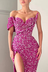 Unique Sparkle Long Mermaid One Shoulder Sweetheart Sequin Prom Dress with Slit-showprettydress