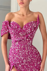 Unique Sparkle Long Mermaid One Shoulder Sweetheart Sequin Prom Dress with Slit-showprettydress