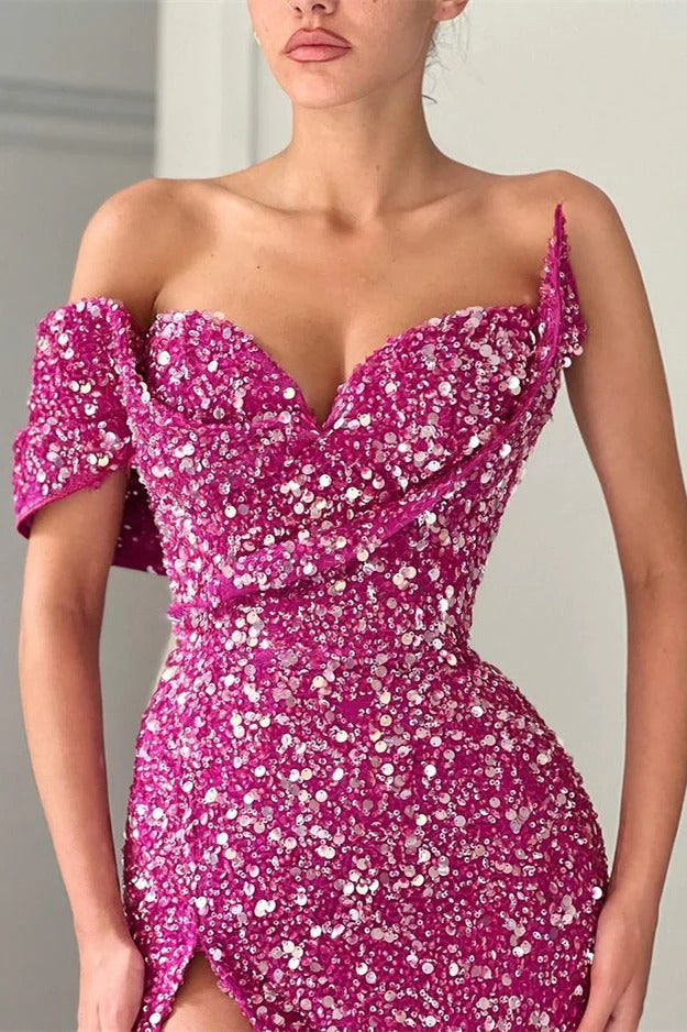 Unique Sparkle Long Mermaid One Shoulder Sweetheart Sequin Prom Dress with Slit-showprettydress