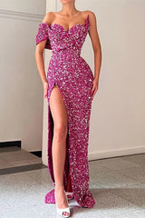 Unique Sparkle Long Mermaid One Shoulder Sweetheart Sequin Prom Dress with Slit-showprettydress