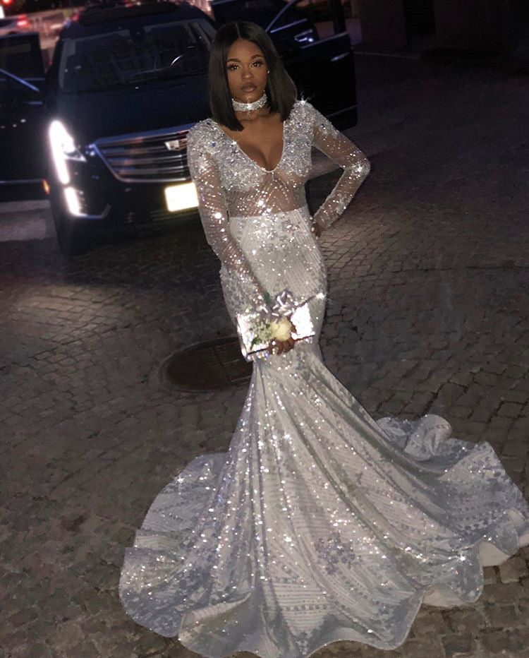 Unique V-Neck Long Sleevess Sequins Mermaid Floor-Length Prom Dresses-showprettydress