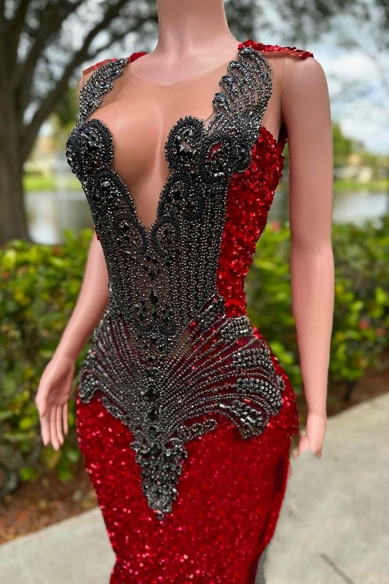 V-neck Burgundy Sequin Long Prom Dresses with Dark Sequins-showprettydress