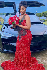 V-neck Burgundy Sequin Long Prom Dresses with Dark Sequins-showprettydress