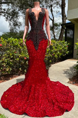 V-neck Burgundy Sequin Long Prom Dresses with Dark Sequins-showprettydress