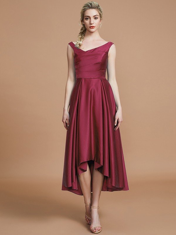 V-Neck Elegant Satin Asymmetrical Sleeveless Bridesmaid Dresses-Showprettydress