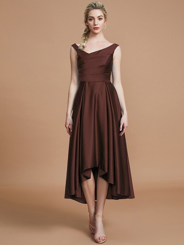 V-Neck Elegant Satin Asymmetrical Sleeveless Bridesmaid Dresses-Showprettydress