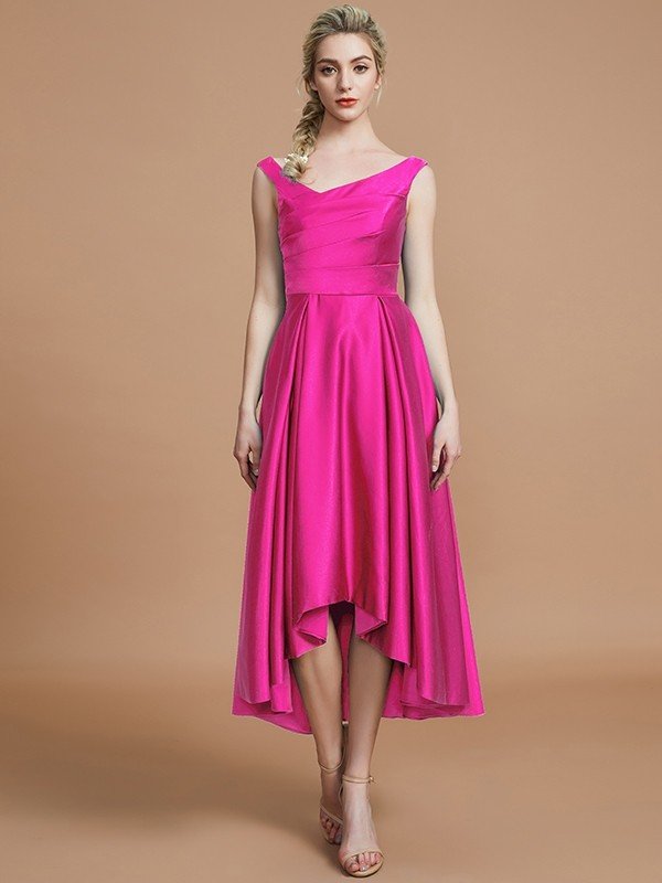 V-Neck Elegant Satin Asymmetrical Sleeveless Bridesmaid Dresses-Showprettydress
