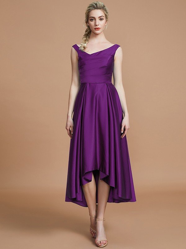 V-Neck Elegant Satin Asymmetrical Sleeveless Bridesmaid Dresses-Showprettydress