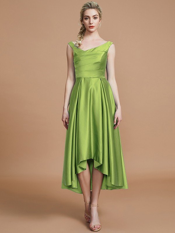 V-Neck Elegant Satin Asymmetrical Sleeveless Bridesmaid Dresses-Showprettydress