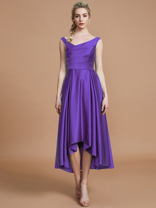 V-Neck Elegant Satin Asymmetrical Sleeveless Bridesmaid Dresses-Showprettydress