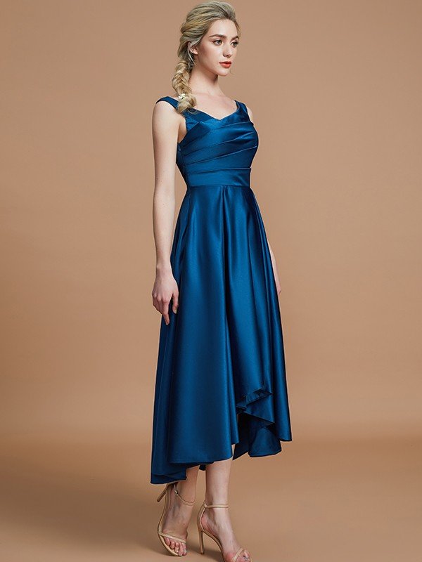 V-Neck Elegant Satin Asymmetrical Sleeveless Bridesmaid Dresses-Showprettydress