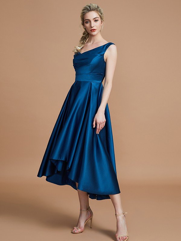 V-Neck Elegant Satin Asymmetrical Sleeveless Bridesmaid Dresses-Showprettydress