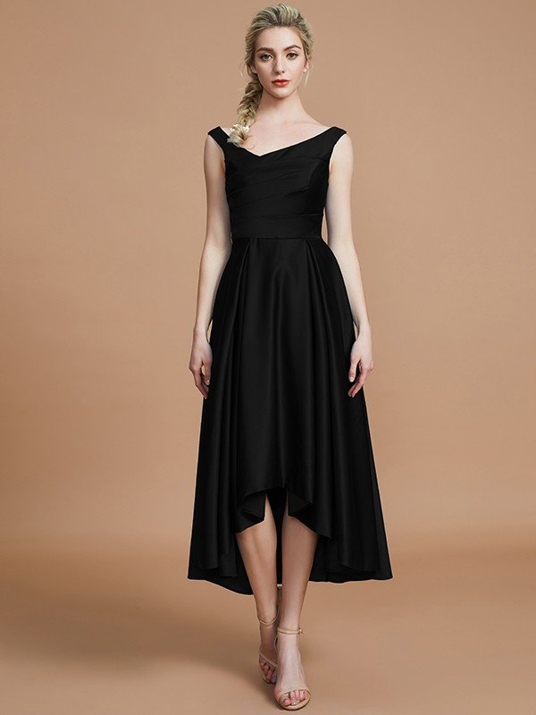 V-Neck Elegant Satin Asymmetrical Sleeveless Bridesmaid Dresses-Showprettydress
