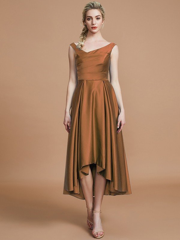 V-Neck Elegant Satin Asymmetrical Sleeveless Bridesmaid Dresses-Showprettydress