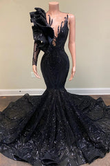V-neck Flowers Mermaid Long Sleeves Prom Dresses-showprettydress