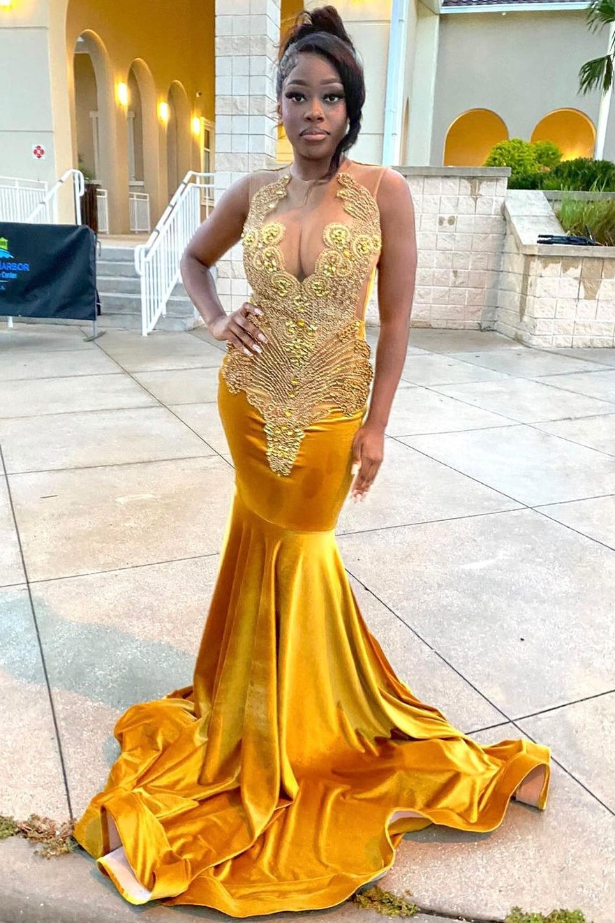 V-neck Gold Velvet Sleeveless Mermaid Long Court Train Prom Dresses-showprettydress