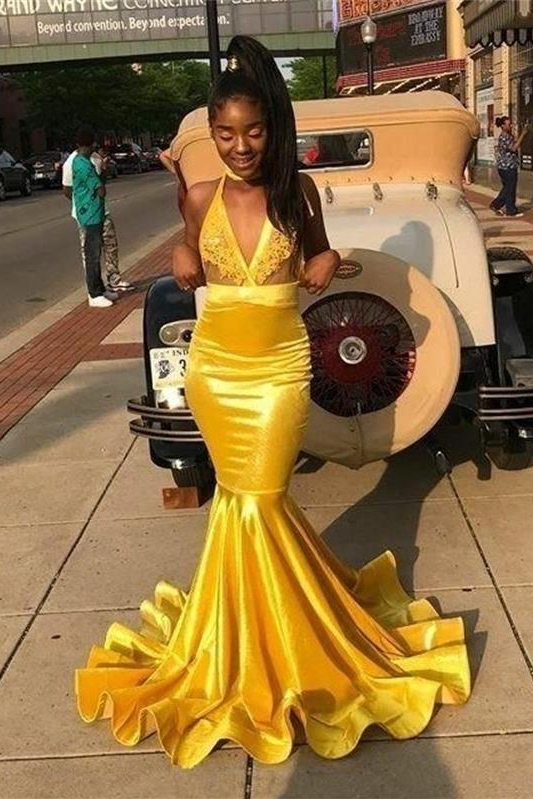 V-neck Halter Appliques Draped Yellow Mermaid Prom Dresses-showprettydress