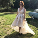 V Neck Hi Lo Lace Appliques Wedding Dress On Sale-showprettydress