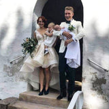 V Neck Hi Lo Lace Appliques Wedding Dress On Sale-showprettydress