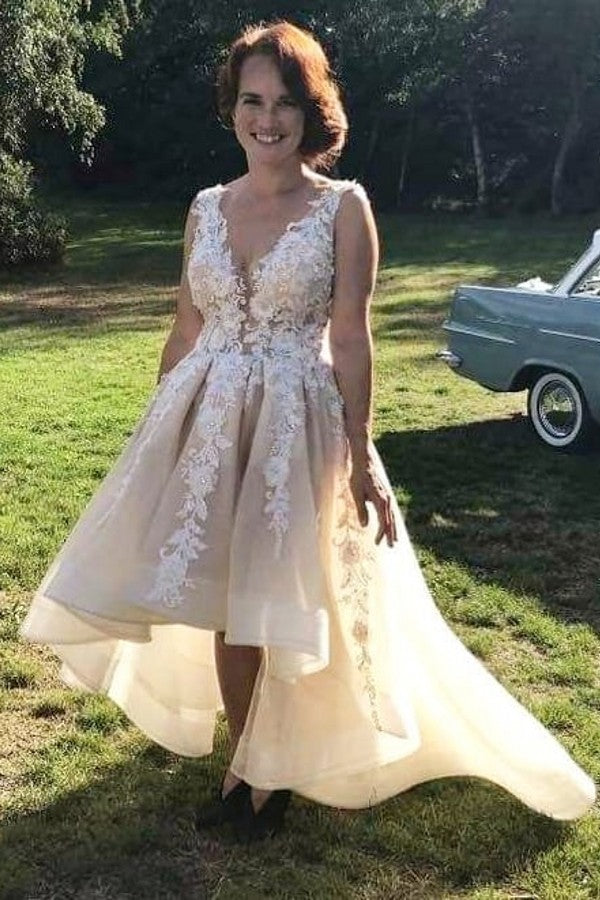 V Neck Hi Lo Lace Appliques Wedding Dress On Sale-showprettydress