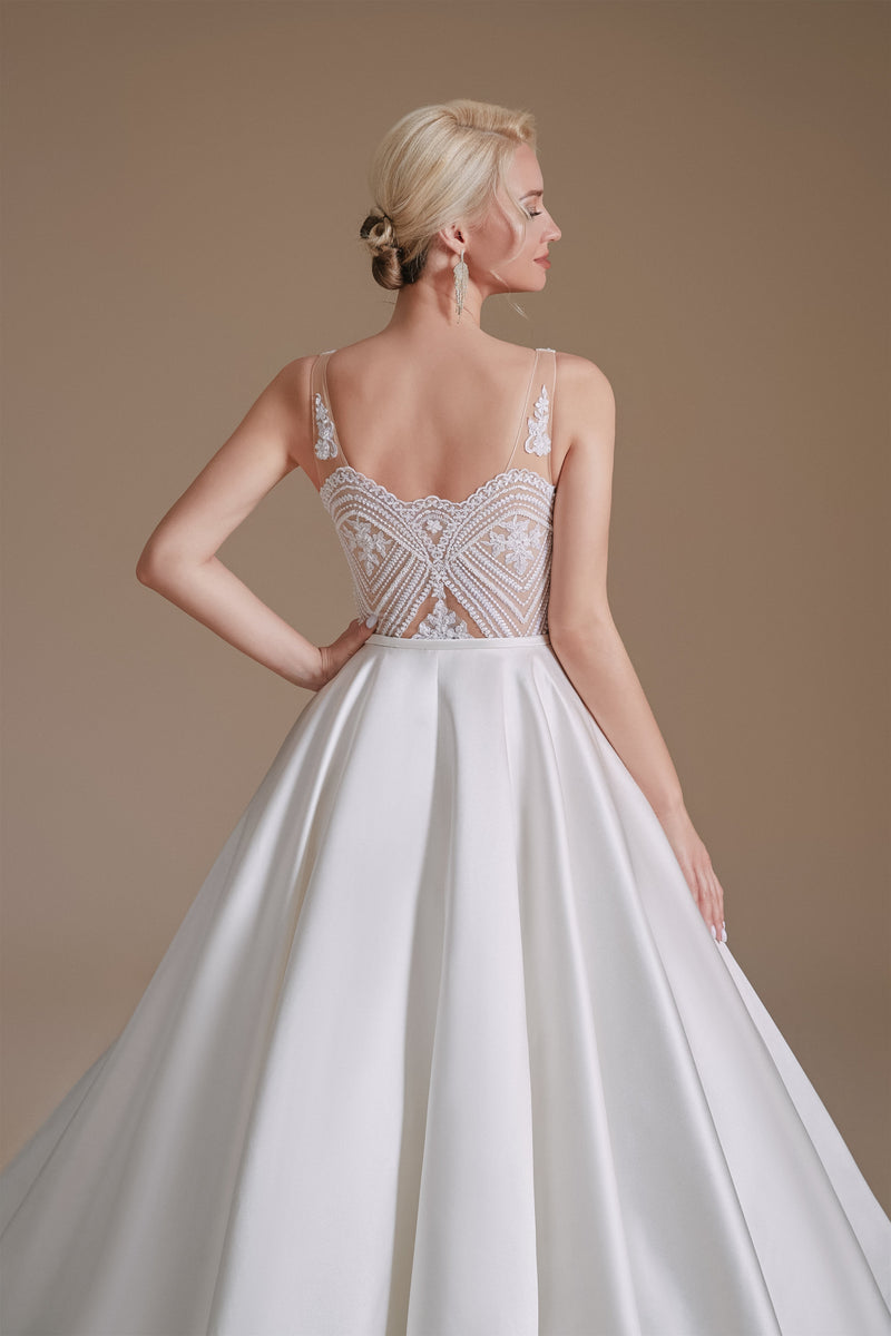 V Neck Lace Empire Floor Length Applique Wedding Dress | Showprettydress Design-showprettydress