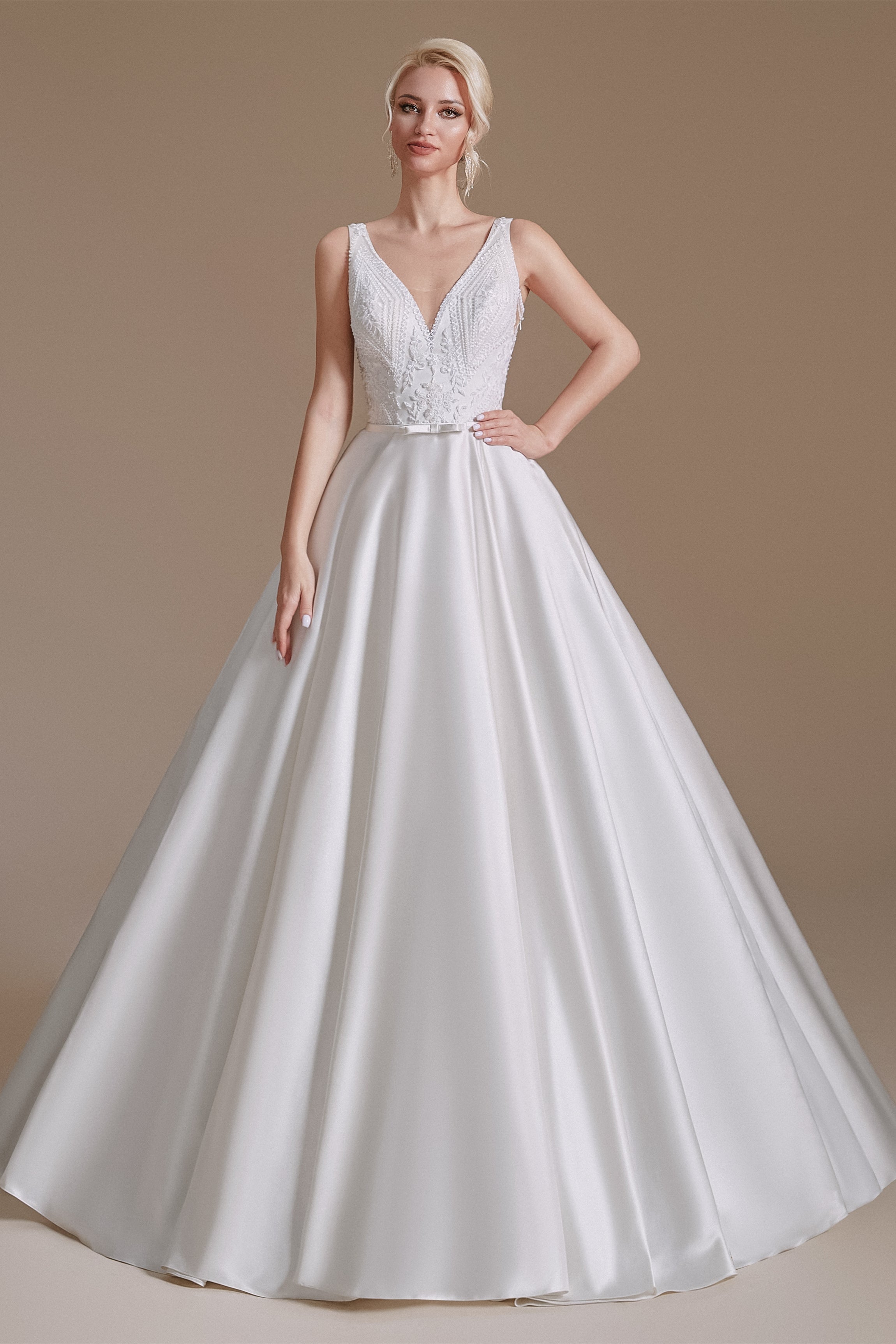 V Neck Lace Empire Floor Length Applique Wedding Dress | Showprettydress Design-showprettydress
