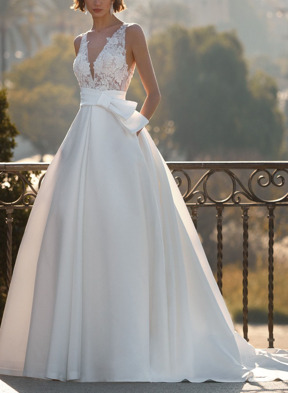V-Neck Lace Satin Ball-Gown Wedding Dresses-Showprettydress