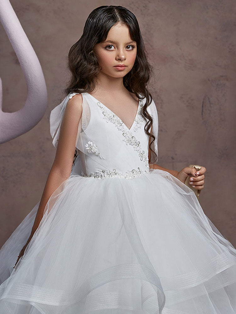 V Neck Lace Sleeveless Floor Length Shoulder Bows Princess Tiered Kids Social Party Dresses-showprettydress