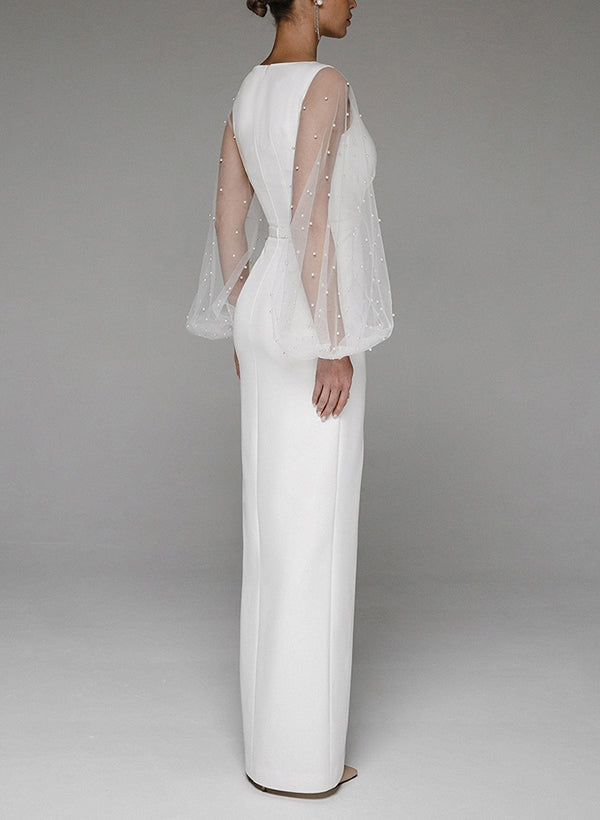 V-Neck Long Sleeve Floor-Length Wedding Dresses-Showprettydress