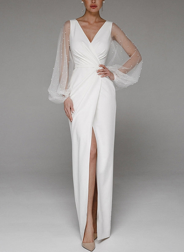 V-Neck Long Sleeve Floor-Length Wedding Dresses-Showprettydress