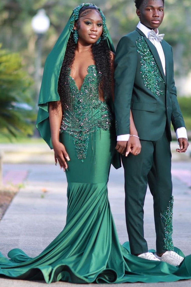 V-Neck Mermaid Sleeveless Beading Sweep Train Prom Dress-showprettydress