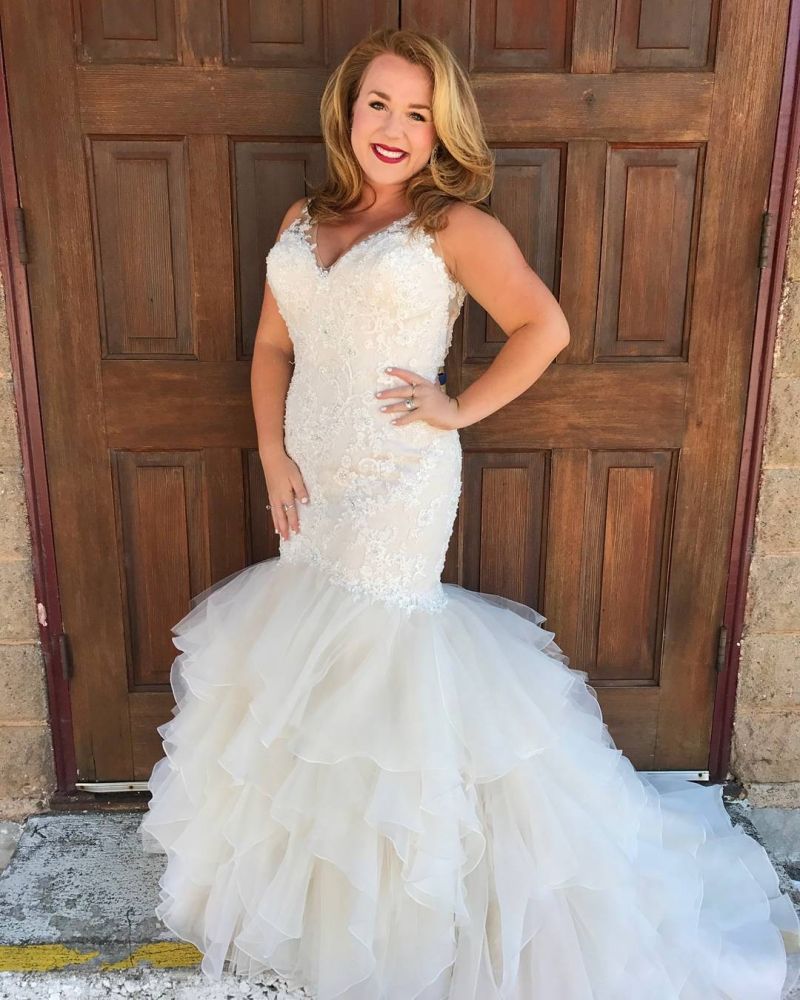 V neck Mermaid Sleeveless White Beach Wedding Dresses-showprettydress
