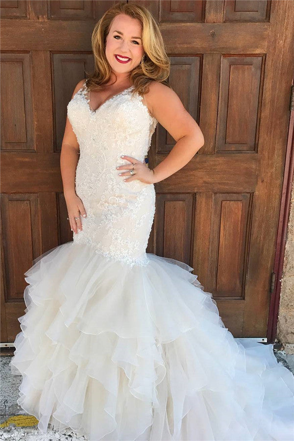 V neck Mermaid Sleeveless White Beach Wedding Dresses-showprettydress