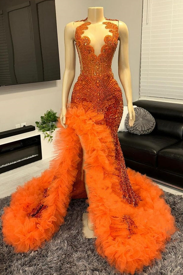 V-neck Orange Beaded Tulle Ruffles Sequin Prom Dresses-showprettydress