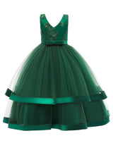 V Neck Polyester Cotton Sleeveless Ankle Length Princess Embroidered Kids Party Dresses-showprettydress