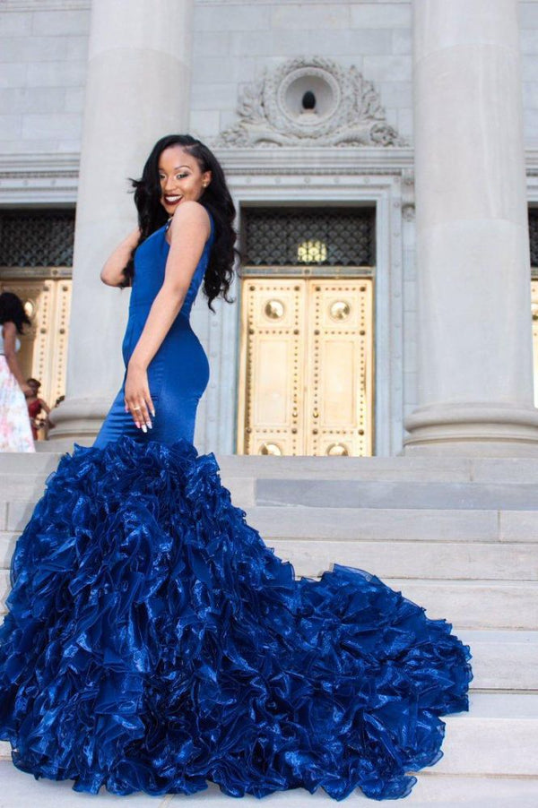 V-Neck Prom Party Gowns| Ruffles Mermaid Evening Dress-showprettydress