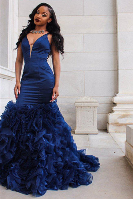 V-Neck Prom Party Gowns| Ruffles Mermaid Evening Dress-showprettydress