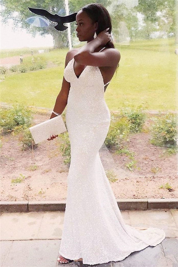 V-neck Sequined Mermaid Evening Dresses Halter Chic Party Gowns-showprettydress