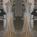 V-neck Sequins Mermaid Front Slit Floor Length Prom Dresses-showprettydress