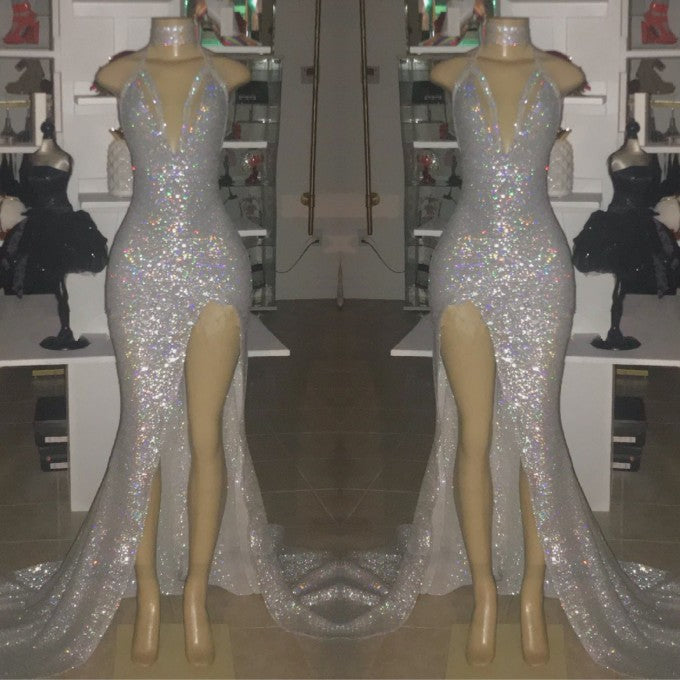 V-neck Sequins Mermaid Front Slit Floor Length Prom Dresses-showprettydress