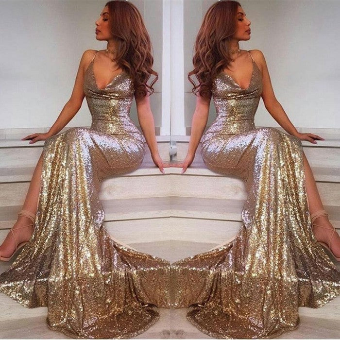 V-Neck Sequins Prom Party Gowns| Mermaid Evening Dress With Slit-showprettydress