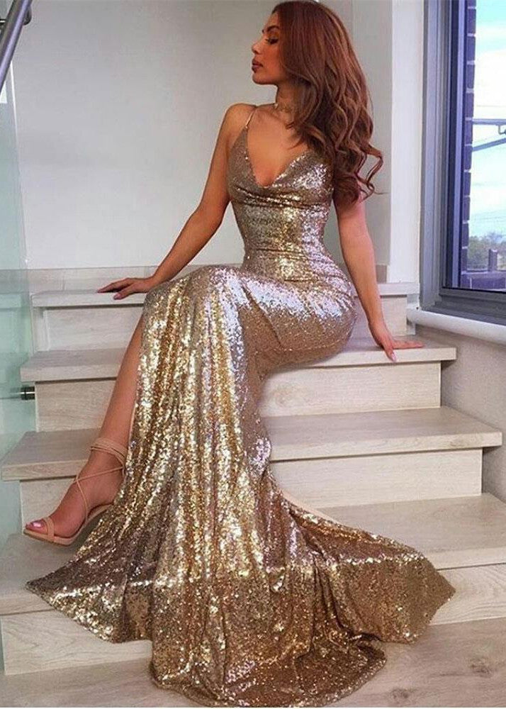 V-Neck Sequins Prom Party Gowns| Mermaid Evening Dress With Slit-showprettydress