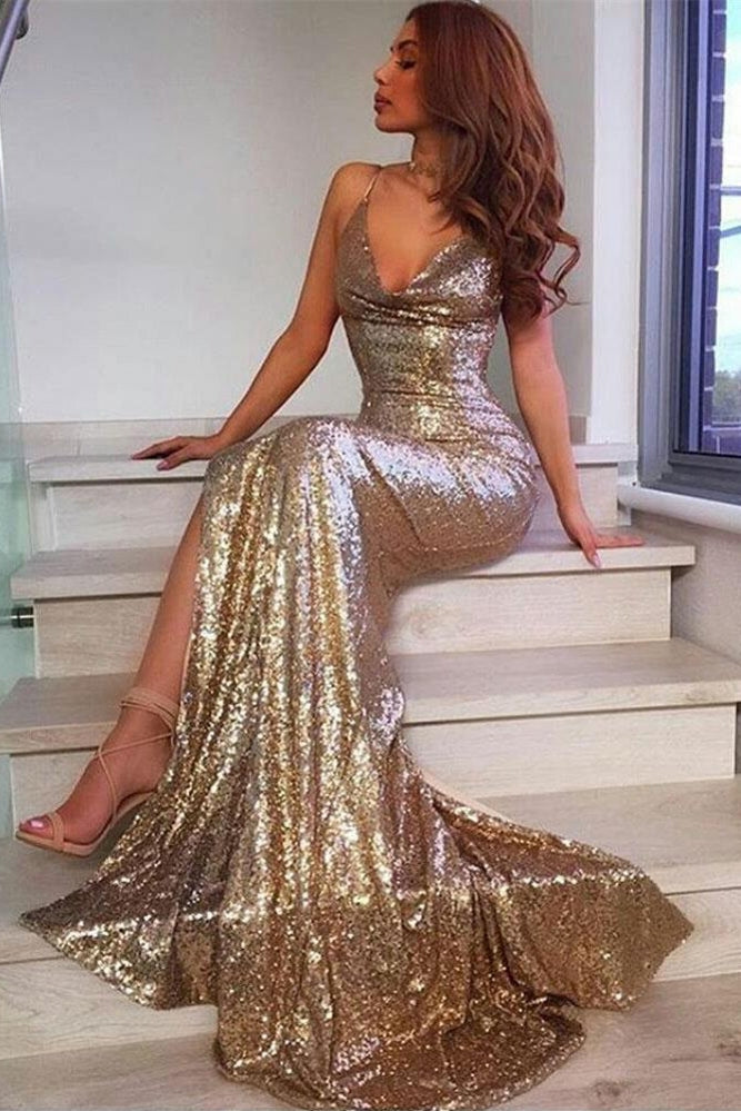 V-Neck Sequins Prom Party Gowns| Mermaid Evening Dress With Slit-showprettydress