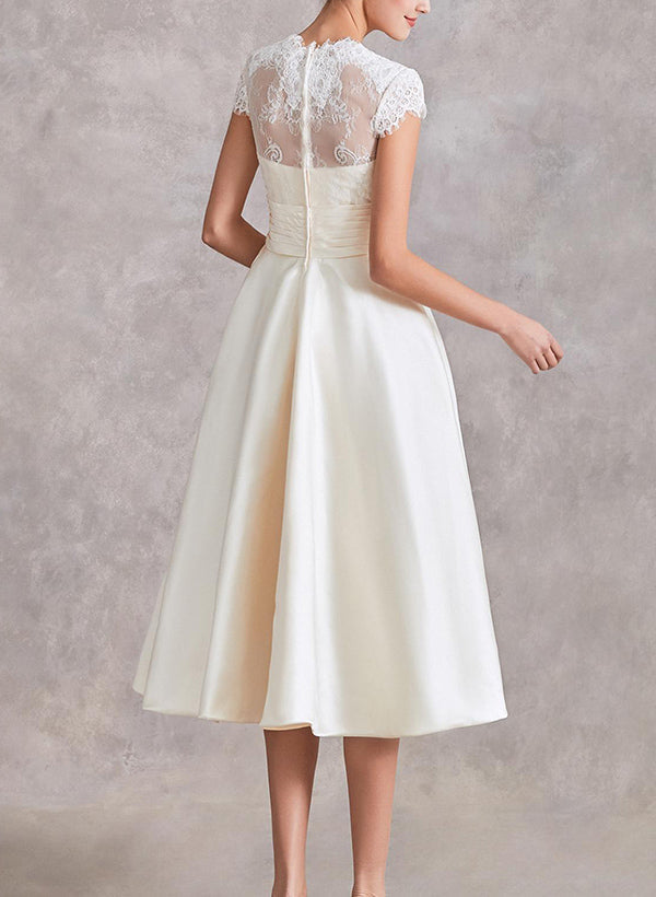 V-Neck Short Sleeves Tea-Length Satin Wedding Dresses Lace-Showprettydress