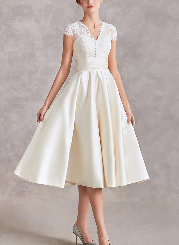 V-Neck Short Sleeves Tea-Length Satin Wedding Dresses Lace-Showprettydress
