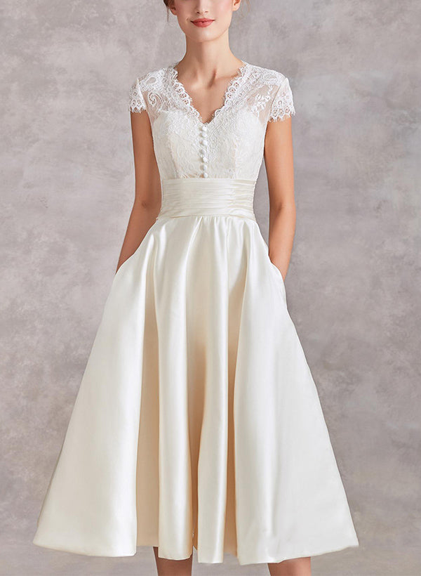 V-Neck Short Sleeves Tea-Length Satin Wedding Dresses Lace-Showprettydress