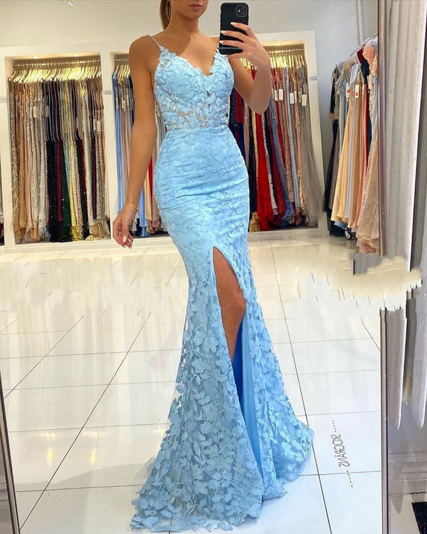 V-neck Sky Blue High Split Special Lace Design Evening Dress-showprettydress
