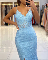 V-neck Sky Blue High Split Special Lace Design Evening Dress-showprettydress
